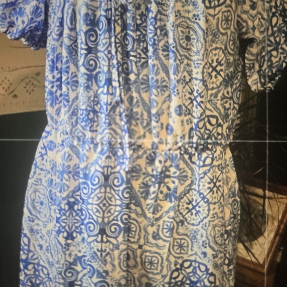 Blue and White Printed Puff-Sleeve Maxi Dress - Picture 4 of 8